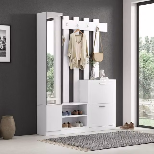 BTM 5-in-1 Modern Hall Tree with Shoe Bench, Mirror and Hooks, White, H 180 x W 135 x D 45 cm – 1