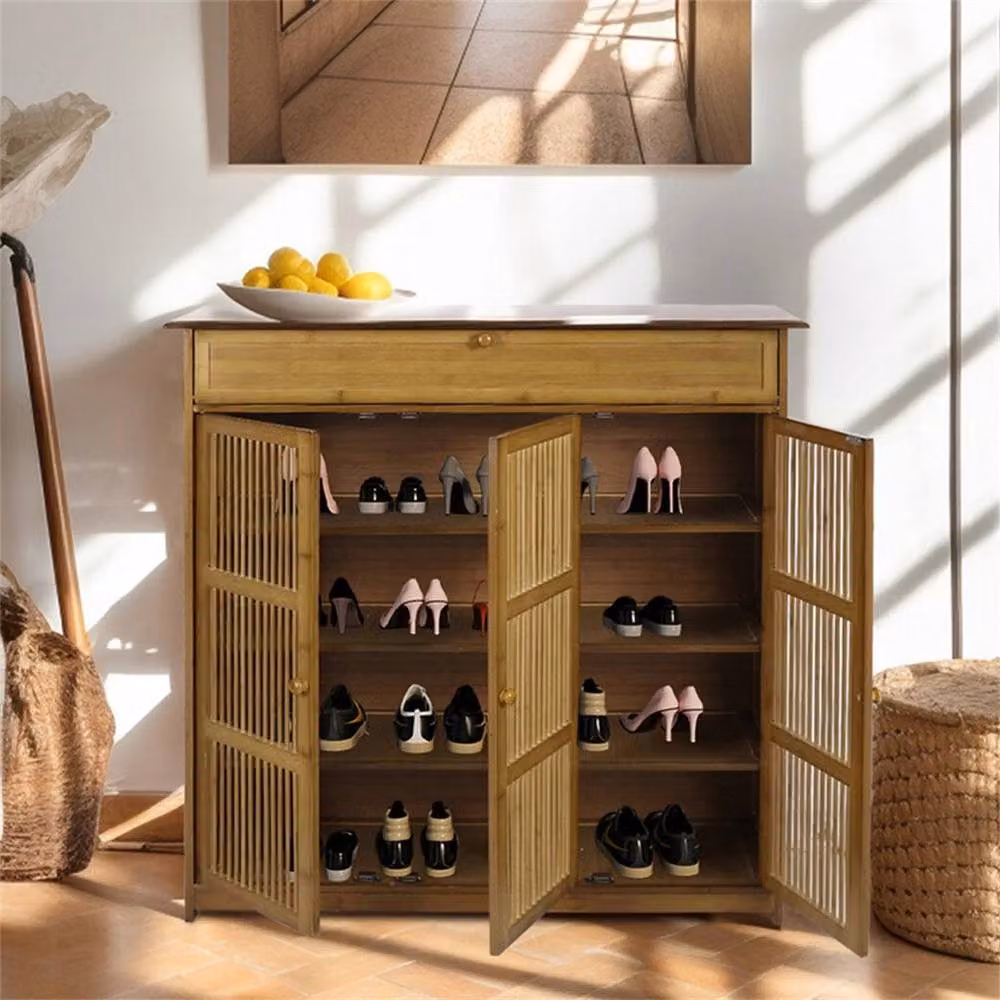 NESTLUNE Mid-Century Wooden 4-Tier 3-Door Shoe Cabinet in Brown, W: 100 cm, D: 15 cm, H: 16 cm – 4