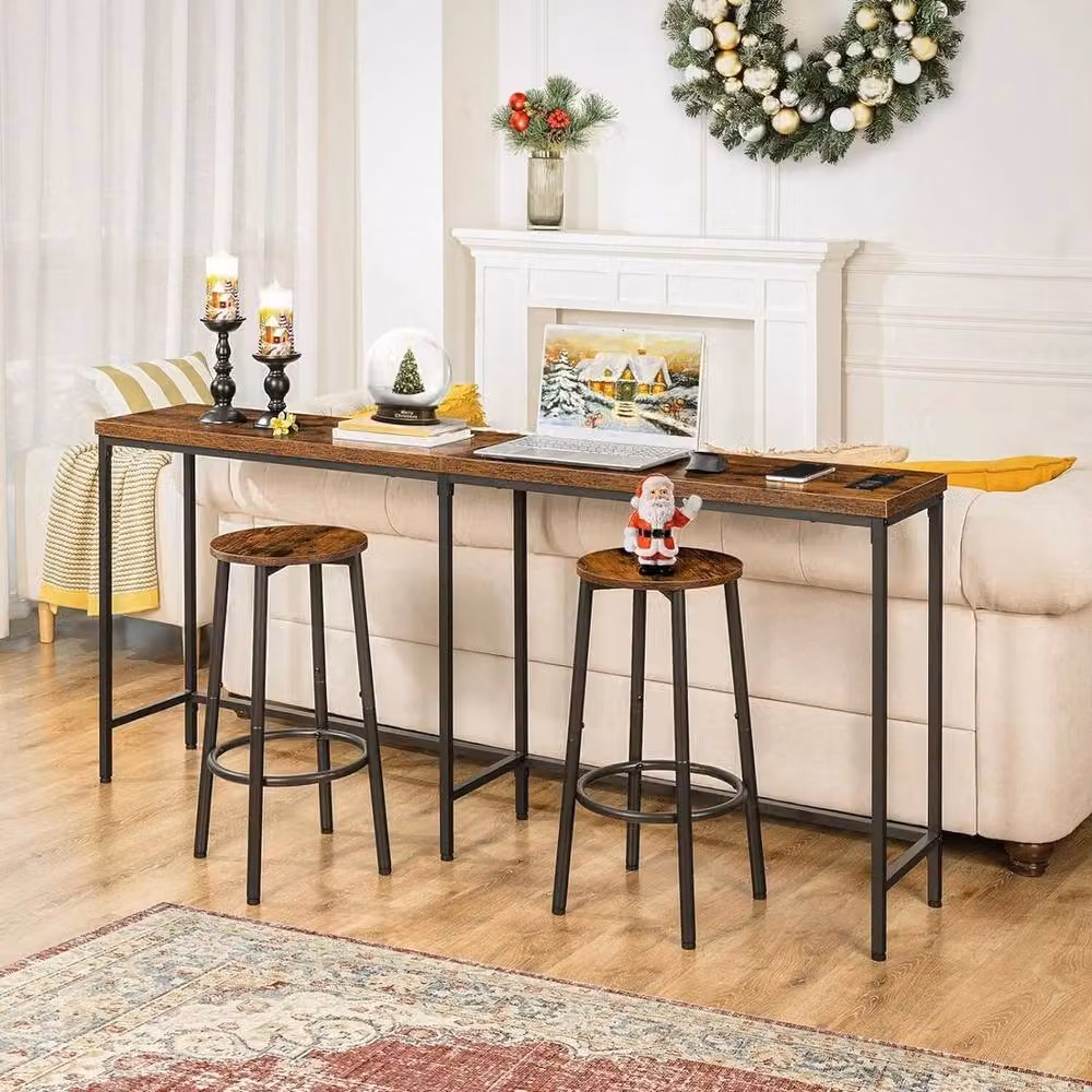 NESTLUNE Set of 2 Brown and Black Metal Bar Stools with Rustic Cylindrical Seats – 3