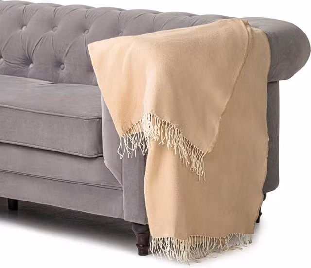 Luxury Living Beige and White Polyacrylic Throw with Fringes, W: 150 cm, D: 125 cm – 1