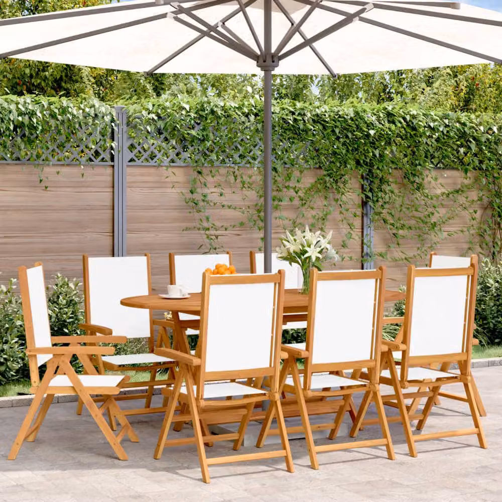 Berkfield Home Set of 8 Reclining Garden Chairs in Cream White Fabric and Oiled Acacia Wood – 2