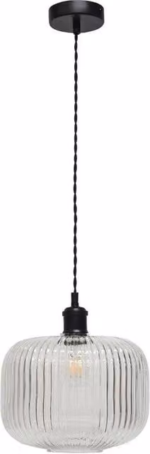 First Choice Lighting Batley Large Retro Pendant Fitting with Black Metal and Transparent Ribbed Glass, H 110 x W 25.5 x D 25.5 cm