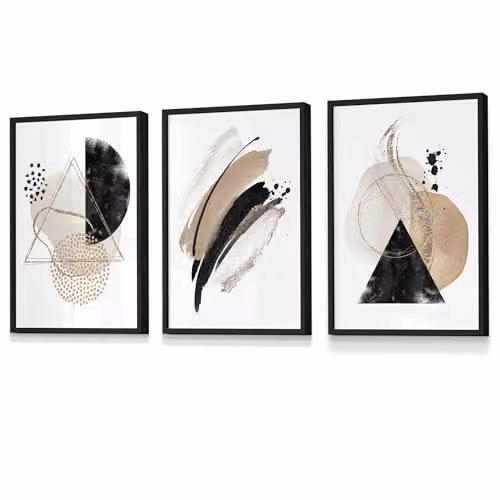 ARTZE Set of 3 Abstract Black and Beige Geometric Framed Wall Art, W: 33 cm, H: 45 cm, D: 2 cm – 2