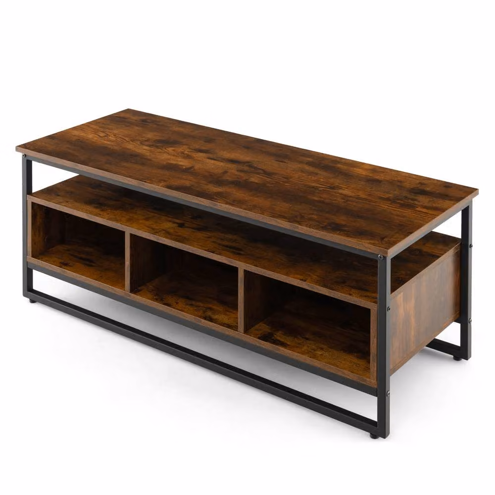 Gymax Industrial Coffee Table and TV Stand with 3 Cubbies, Brown Wood and Metal Frame – 3