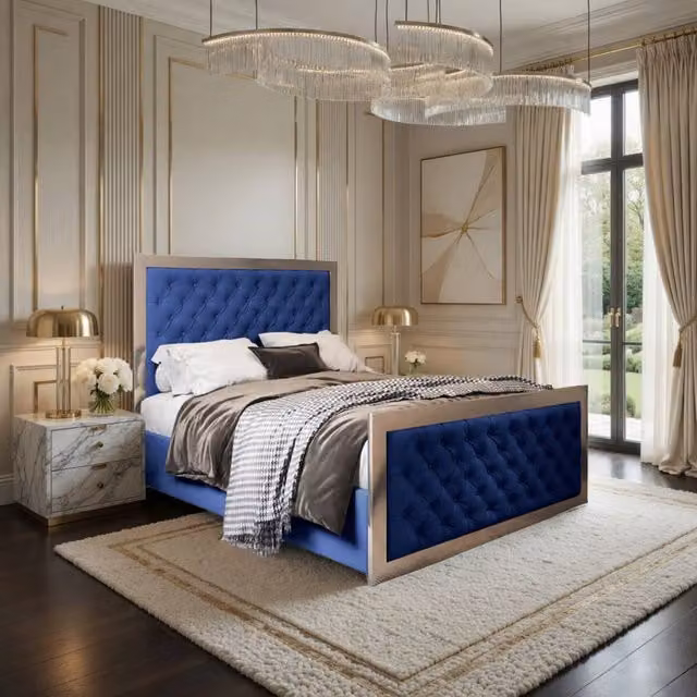 KDMD Minsmere Double Bed Frame with Blue Velvet Upholstery and Lift Up Base, W/D/H: 140 x 200 x 137 cm