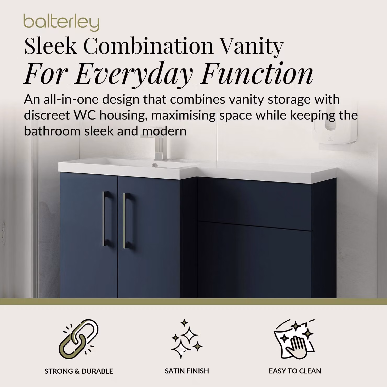 Balterley Midnight Blue Left Hand Bathroom Vanity Basin and WC Unit with Soft Close Doors, Width: 110 cm – 2