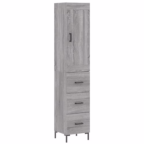 vidaXL Highboard in Grey Sonoma, Modern Engineered Wood Cabinet with Hinged Doors and Internal Shelves, W/D/H: 34.5 x 34.0 x 180.0 cm