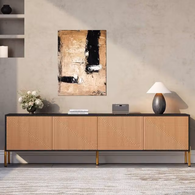 Rolipo Modern Black and Wood TV Cabinet with 4 Doors, Width: 179 cm
