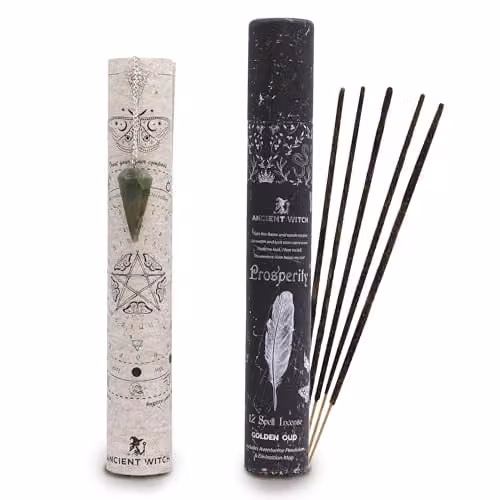Serenityy Ancient Witch Prosperity Incense Sticks with Golden Oud and Aventurine Pendulum in Black and Gold