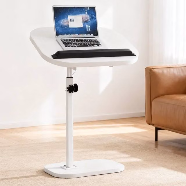 SPETLEK C-Shaped Modern Sofa Side Table in White with Height-Adjustable Metal Frame