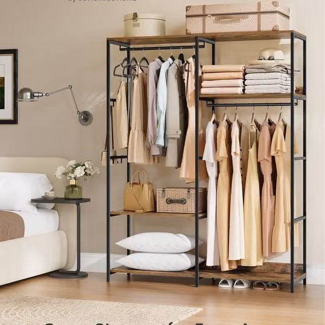 SONGMICS Rustic Brown Foldable Freestanding Clothes Wardrobe with Hanging Rod