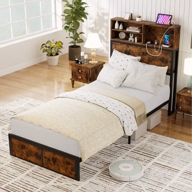Costway Industrial Bed Frame in Brown with USB Charging Port and Bedside Shelves