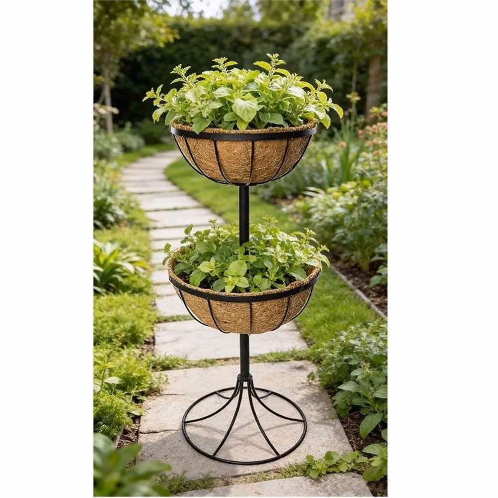 Havendro 2 Tier Round Metal Fountain Planter Stand with Coco Liners in Brown – 2