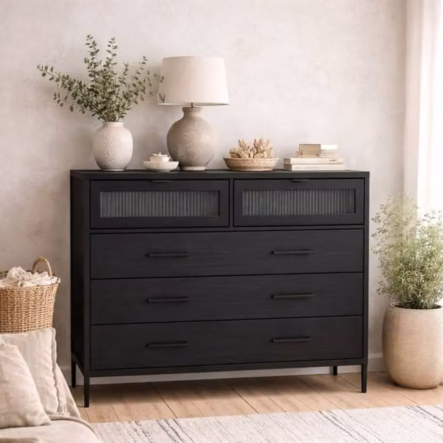 Wyld Haus Lou Matt Black 5 Drawer Reeded Wood Chest W/D/H: 80 x 40 x 95 cm