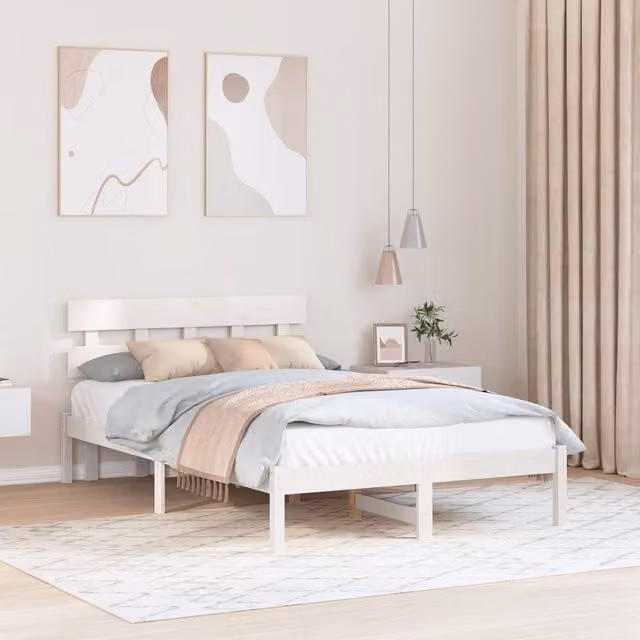 Berkfield Home White Lacquered Solid Pine Bed Frame with Headboard W: 135 cm, D: 190 cm, H: 80.5 cm