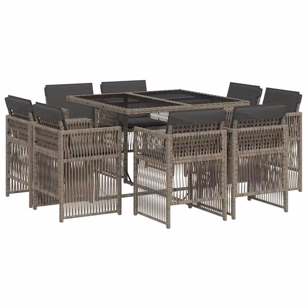 Berkfield Home 9 Piece Grey Poly Rattan Garden Dining Set with Cushions and Glass Tabletop – 2