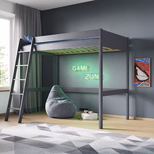 Noomi Tera Solid Wood Small Double High Sleeper Bed in Grey, W/D/H: 120 x 200 x 176.2 cm
