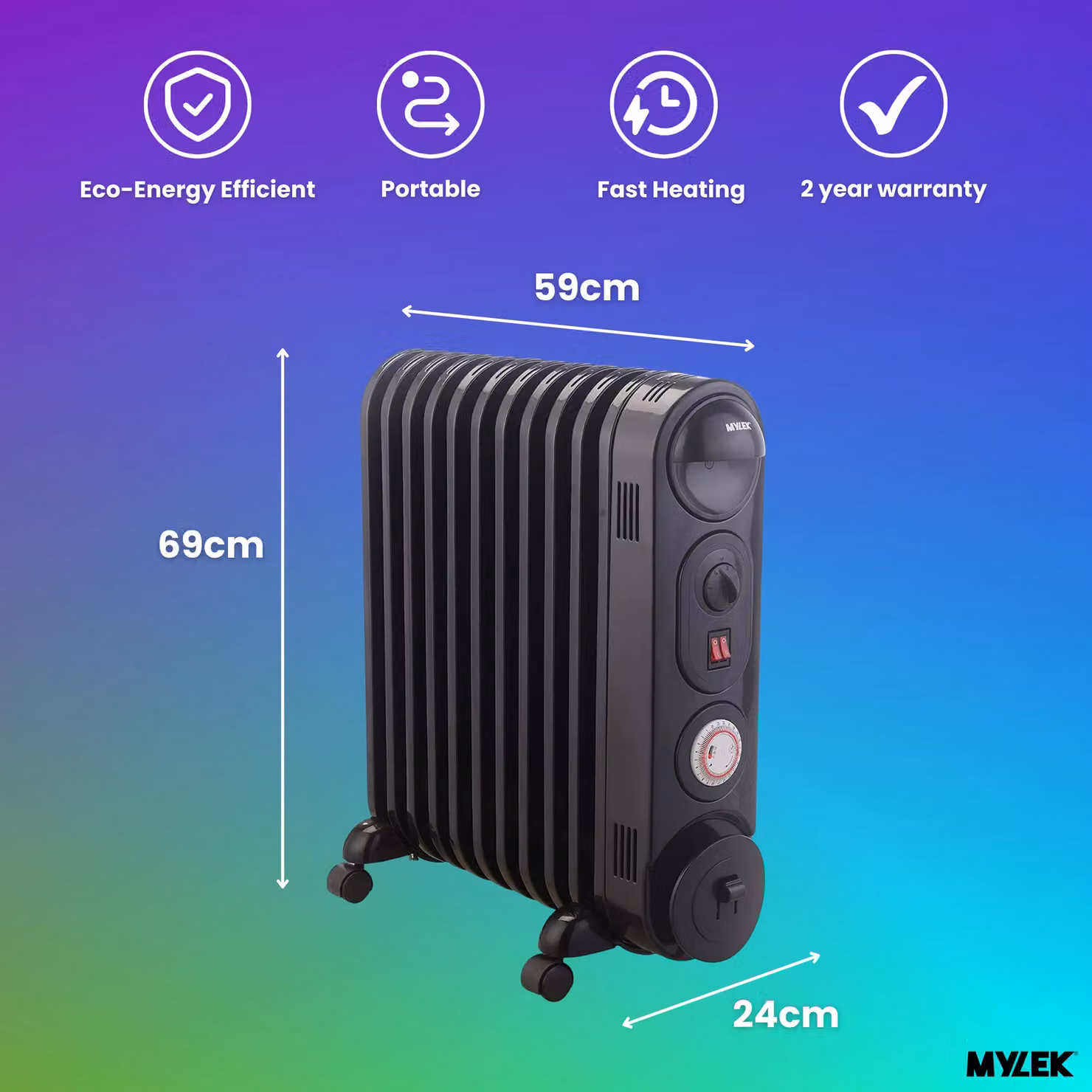 MYLEK Black 2.5kW Electric Oil Filled Radiator with Thermostat and 24 Hour Timer – 2