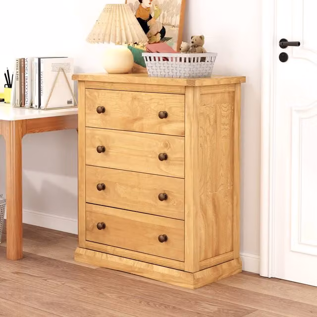 Cabinet Bits Lucca 4 Drawer Petite Chest of Drawers in Brown Rustic Pine with Brass Knobs – 1