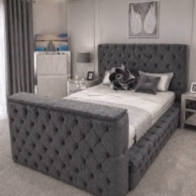 Stratus Interiors Ambassador Grey Velvet Chesterfield TV Bed with Built-In Lift, King Size (W/D/H: 180 x 200 x 127 cm) – 1