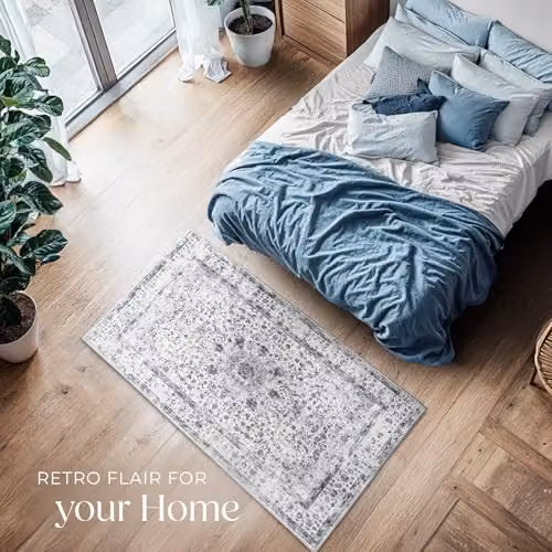 tectake Vintage Oriental Pattern Rug in Grey, Washable Short-Pile Wool Carpet with Non-Slip Base, W: 80 cm x L: 150 cm – 3
