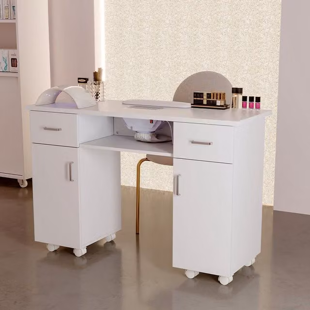 Livingandhome Professional Wheeled Manicure Table with Dust Extractor in White