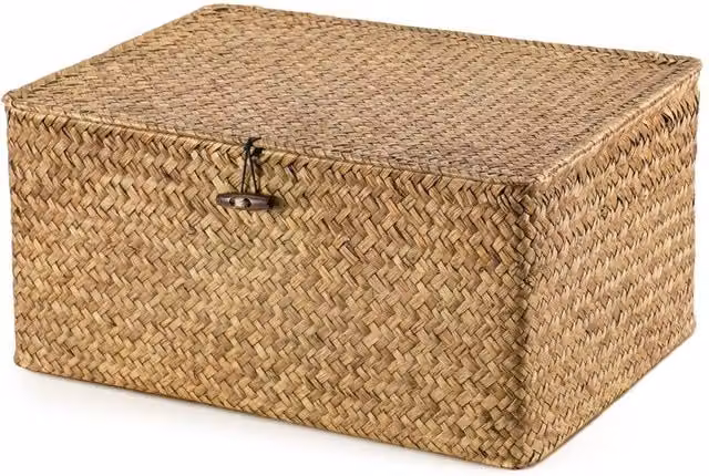 Kelvenix Seagrass Storage Hamper with Lid, Brown, W/D/H: 40.0 x 28.0 x 19.0 cm