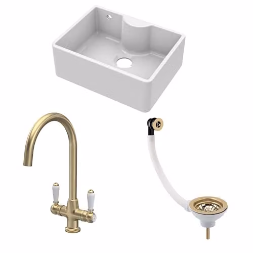 Balterley White Ceramic Butler Sink Single Bowl with Mono Lever Mixer Tap and Waste, White and Gold – 1