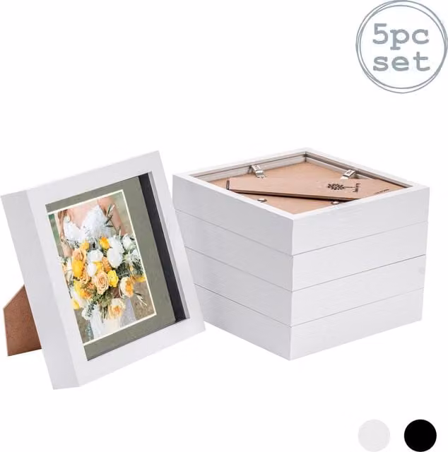Nicola Spring Pack of 5 Square 3D Box Photo Frames in Grey and White with 15.24 x 15.24 cm Glass and 10.16 x 10.16 cm Mount