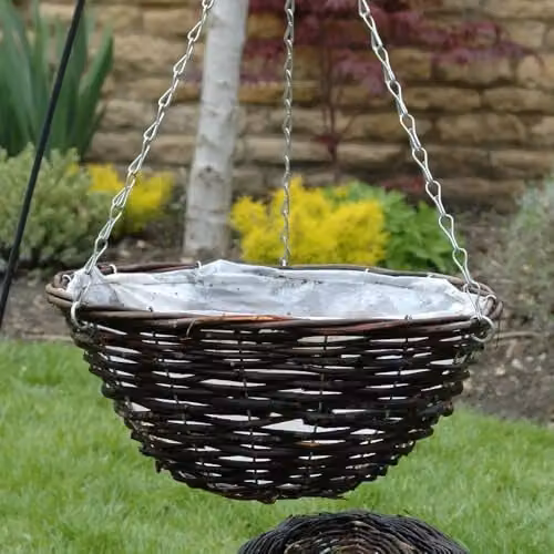 YouGarden Set of 4 Brown Rattan Hanging Baskets with Polythene Lining and Chains, Diameter: 40 cm