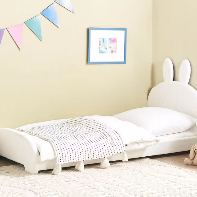 Wyld Haus Bunny Bouclé Upholstered Bed Frame, Beige and White, W: 90 cm, D: 200 cm