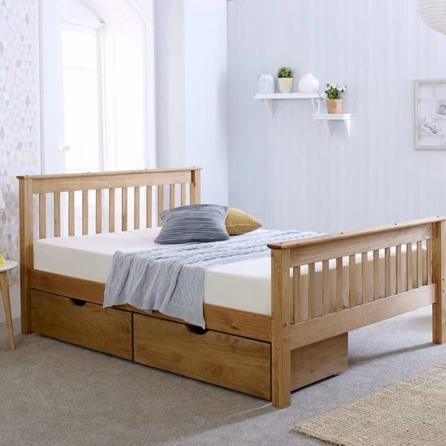 Somerset Double Bed Frame in Rustic Brown Solid Brazilian Pine Wood with Waxed Finish, W/D/H: 140 x 200 cm