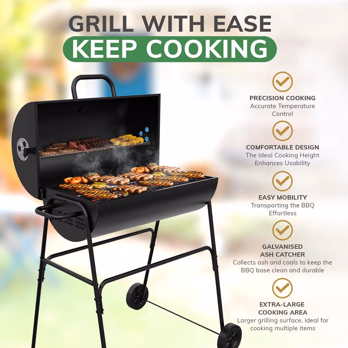 House of Home Black Enamelled Steel Barrel Charcoal BBQ Grill with Offset Smoker, Thermometer and Wheels, W/D/H: 102.5 x 70.5 x 65 cm – 4