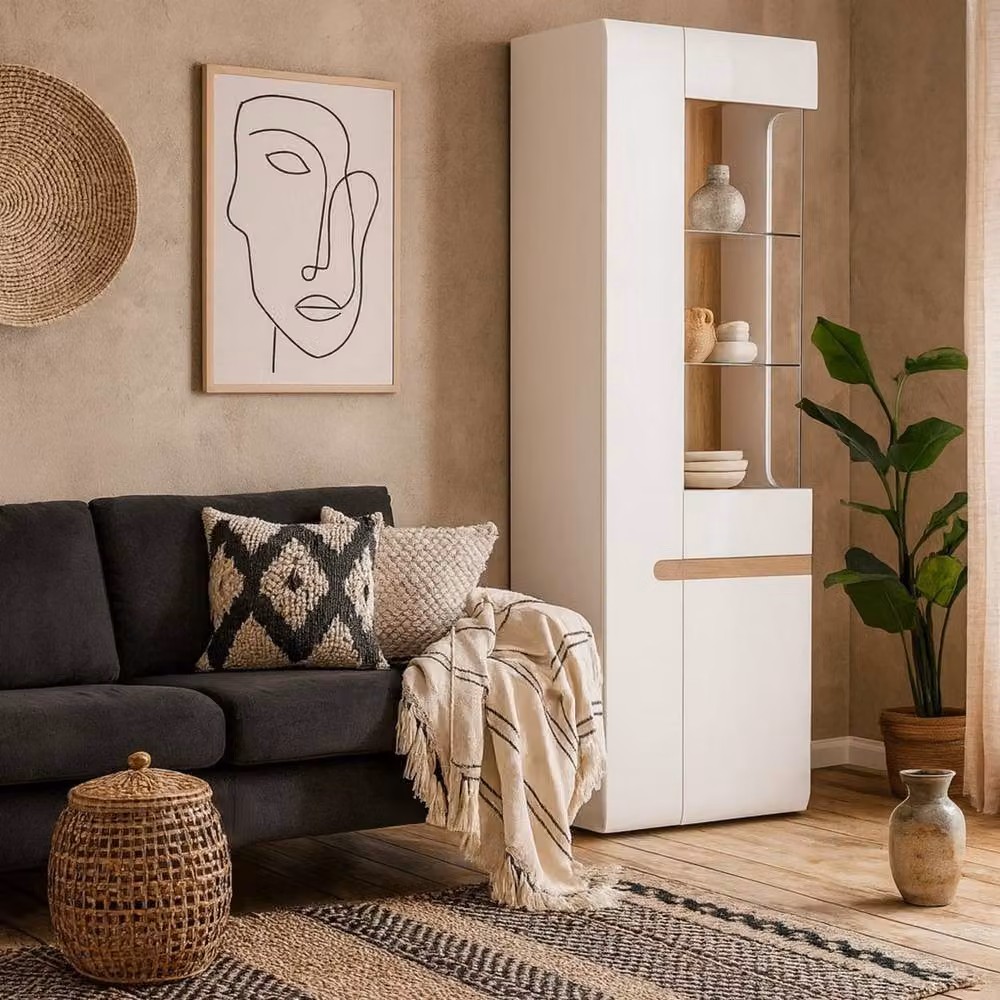 Wyld Haus Foxwhisk Tall Glazed Narrow Display Unit in White Gloss and Truffle Oak, H: 194.5 cm, W: 64.0 cm, D: 42.0 cm – 2