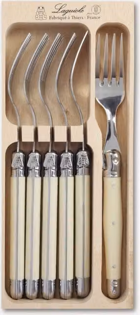 Laguiole 6 Piece Stainless Steel Dinner Fork Set with Polished Silver Finish and Beige Wooden Tray