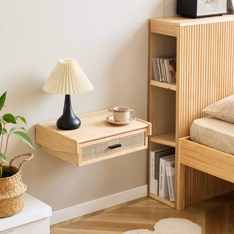 Nordlys Scandinavian Wall-Mounted Bedside Table in Light Brown Wood and Rattan