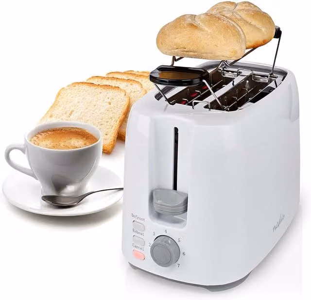 Nedis 2 Slot Extra Wide Toaster with Bun Warming Rack and Cable Storage, White