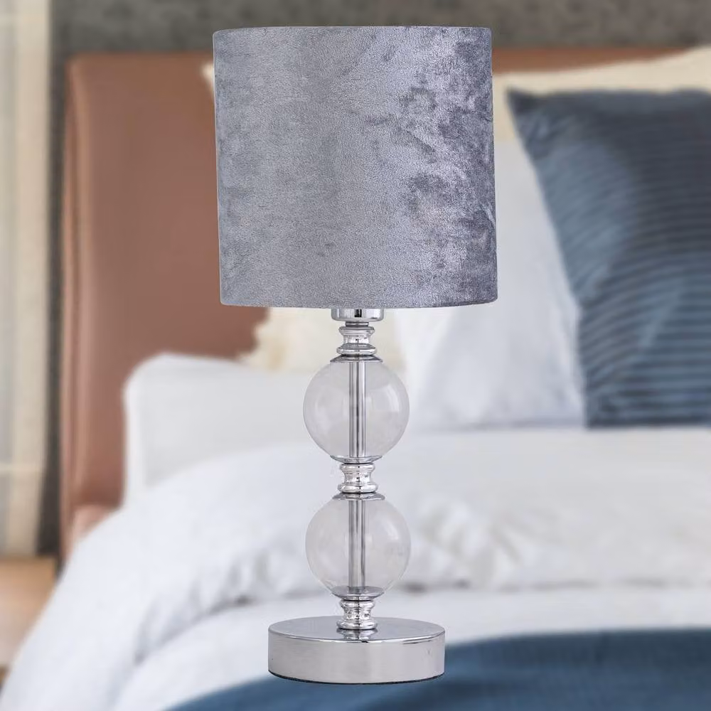 First Choice Lighting Chrome Two Ball Table Lamp with Grey Crushed Velvet Shade in Silver – 4