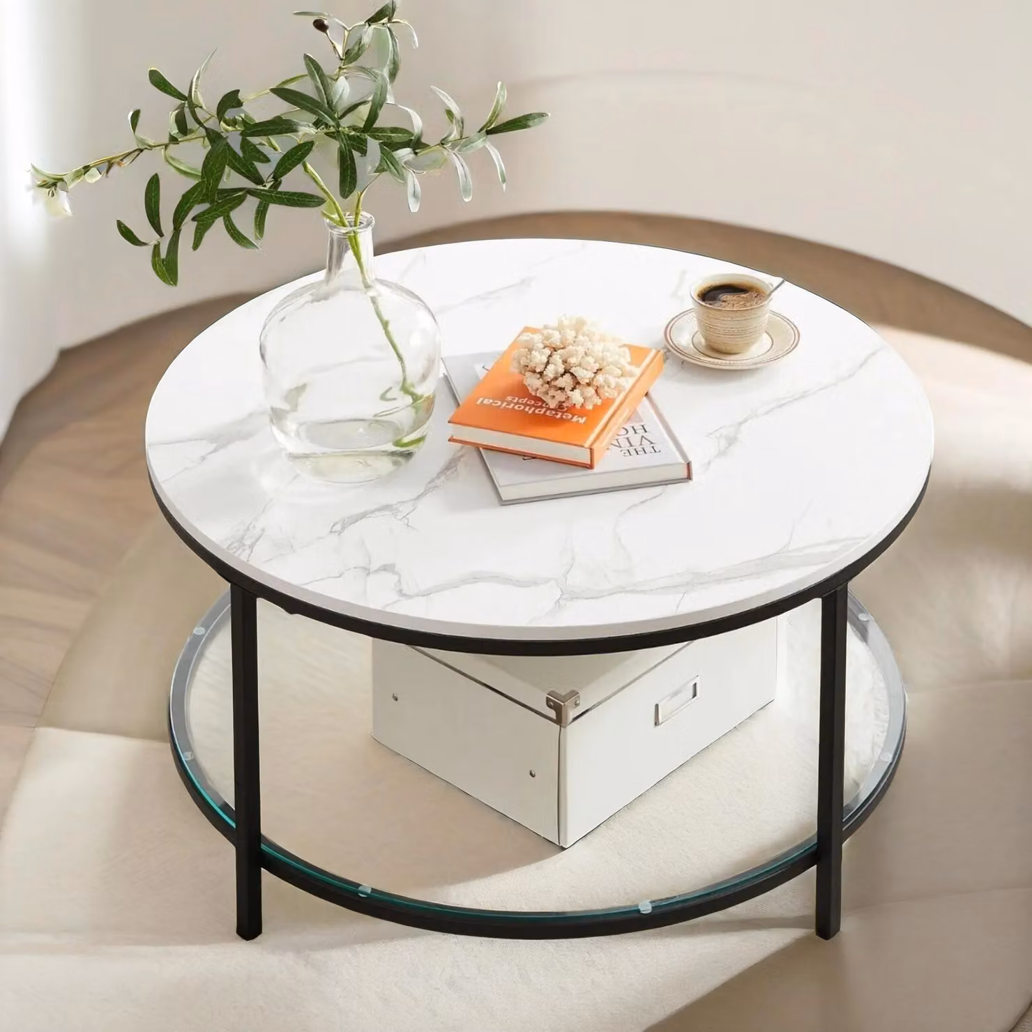Pirlo Plush 2 Tier Round Faux Marble Coffee Table in White – 2