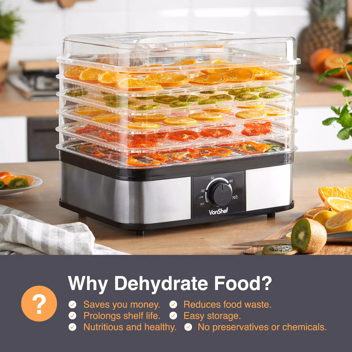 VonShef 5 Tier Temperature Controlled Food Dehydrator in Silver Stainless Steel – 4