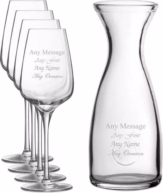 Uniqueful Personalised Engraved Set of 4 Wine Glasses and 1 Litre Carafe in Clear Glass