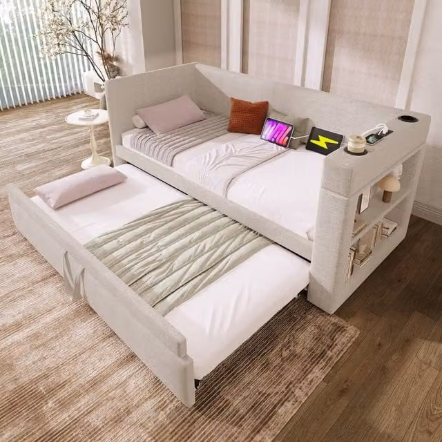 STILVORA Modern Beige Fabric Daybed with Pull-Out Trundle, USB Charging Port and Side Compartments, W/D/H: 90 x 190 cm – 1