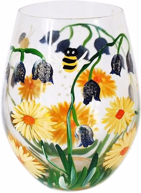 KDMD Bluebell and Bees Floral Stemless Glass Tumbler in Clear with Blue and Gold Details – 1