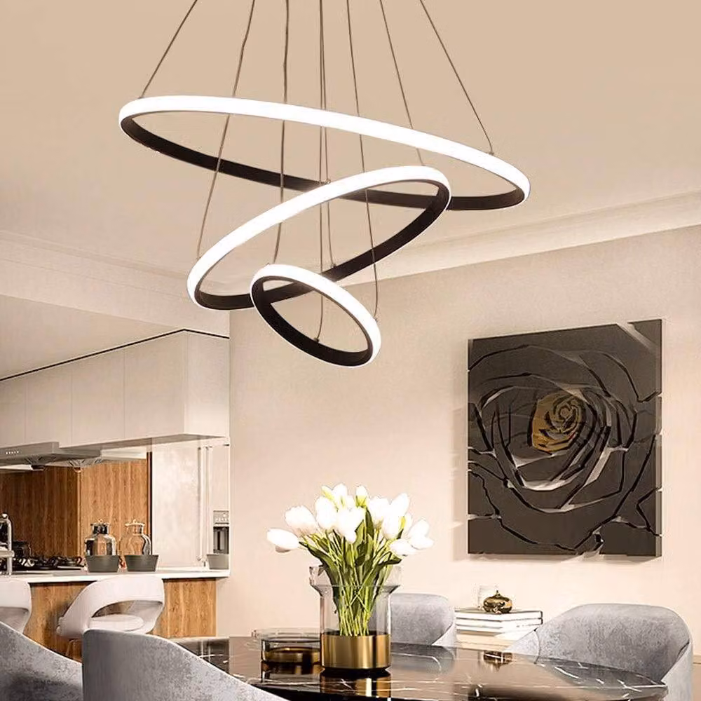 Goeco Modern Black 3-Ring LED Pendant Light, 36W 3-Colour Adjustable Chandelier – 3