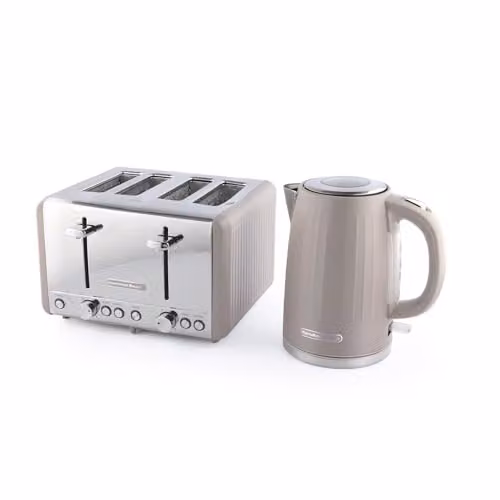 Hamilton Beach Harmony Kettle and Toaster Set in Brown and Beige with 1.7L Electric Kettle and 4-Slice Wide Slot Toaster – 1