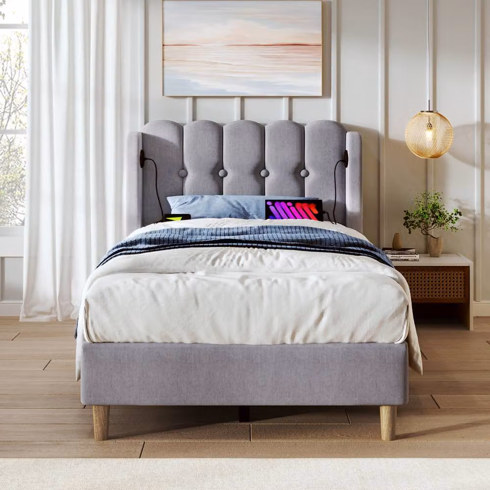 Matteo Upholstered Single Bed in Grey with USB and Type-C Charging Ports – 5