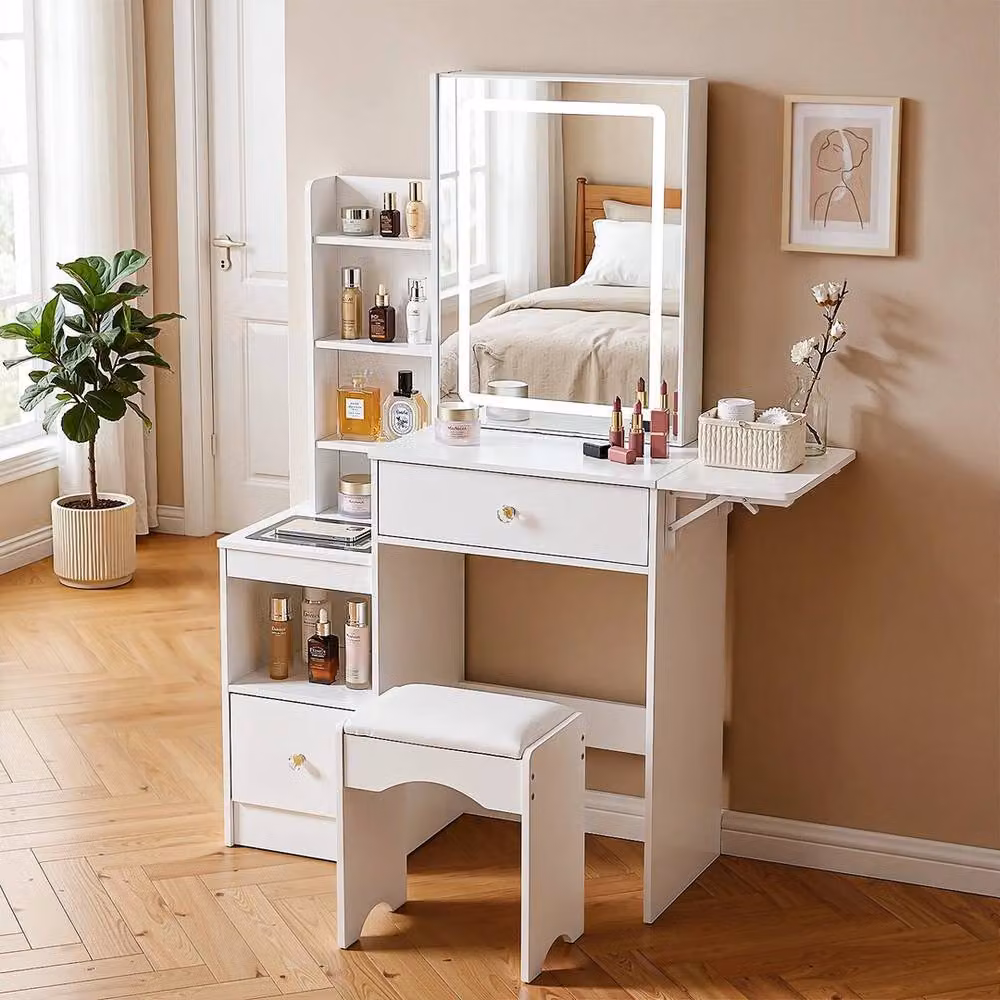 FORGEVIO Dressing Table Set with Drawers, Hollywood LED Mirror, Stool and Wireless Charging in White – 3
