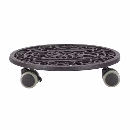 Esschert Antique Design Cast Iron Round Plant Trolley Tub in Brown, W/D/H: 29.1 x 29.1 x 4.8 cm – 1