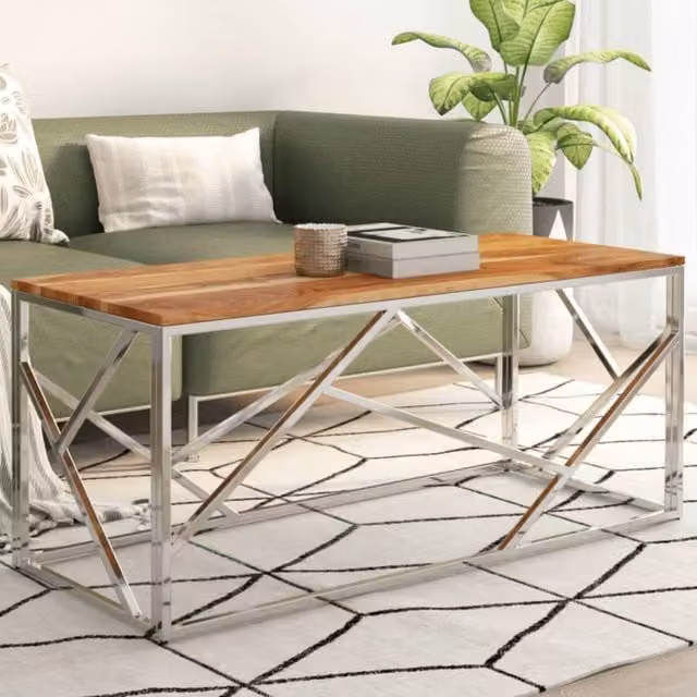 Berkfield Home Modern Square Coffee Table in Silver Stainless Steel and Solid Acacia Wood