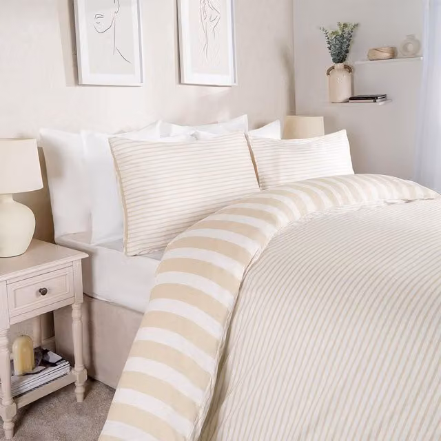 Dreamscene Reversible Striped Duvet Cover and Pillowcase Set in Beige and Yellow, W: 180 cm x D: 200 cm